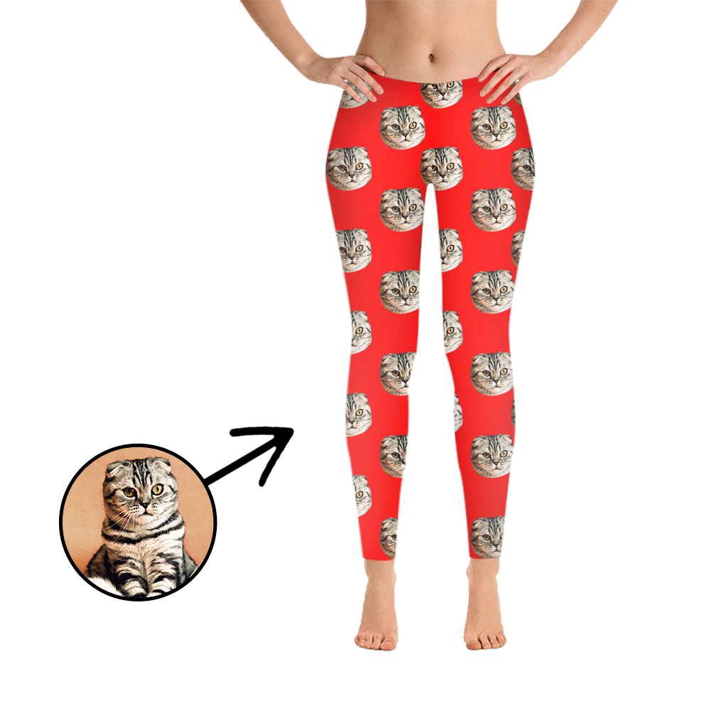 Custom Photo Leggings I Love My Cat Red