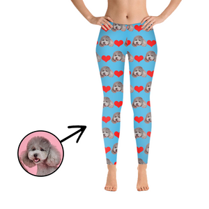 Custom Photo Leggings Heart I Love My Dog Light Blue