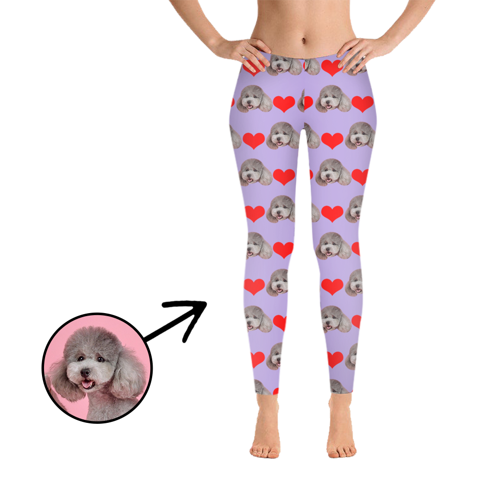 Custom Photo Leggings Heart I Love My Dog Purple