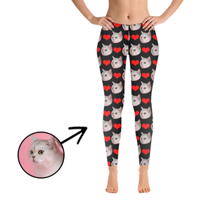 Custom Photo Leggings Heart I Love My Cat Purple