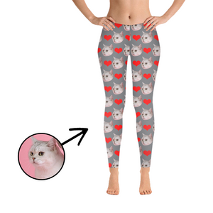 Custom Photo Leggings Heart I Love My Cat Purple