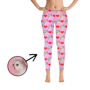 Custom Photo Leggings Heart I Love My Cat Purple