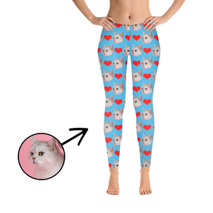 Custom Photo Leggings Heart I Love My Cat Purple