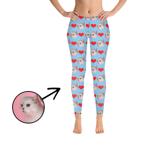 Custom Photo Leggings Heart I Love My Cat Purple