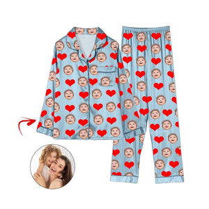 Custom Photo Satin Pajamas Heart I Love My Baby Light Blue