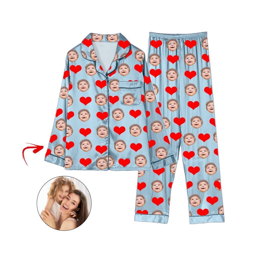 Custom Photo Satin Pajamas Heart I Love My Baby Light Blue